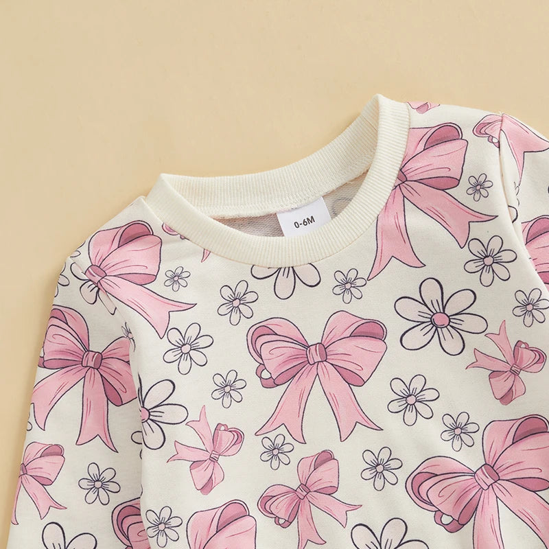 0-3Y Toddler Baby Girls Fall Clothes Sets 2pcs Bow Flower Print Long Sleeve Sweatshirt Elastic Waist Pants