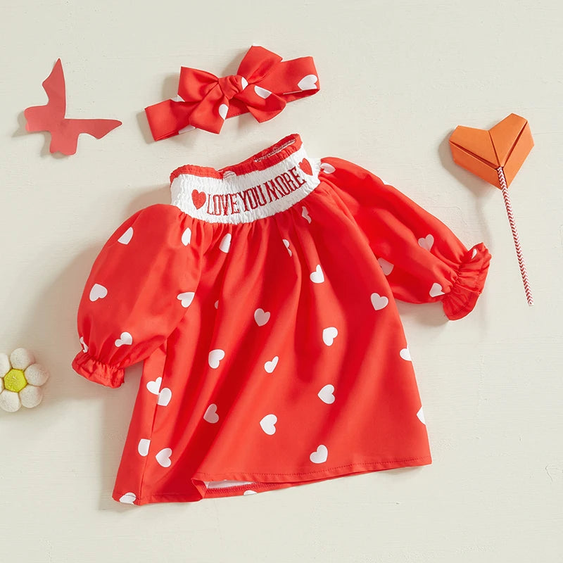 0-3Y Baby Girls Valentine’s Day Dress Long Sleeve Heart Embroidery Heart Print A-Line Dress with Headband Set