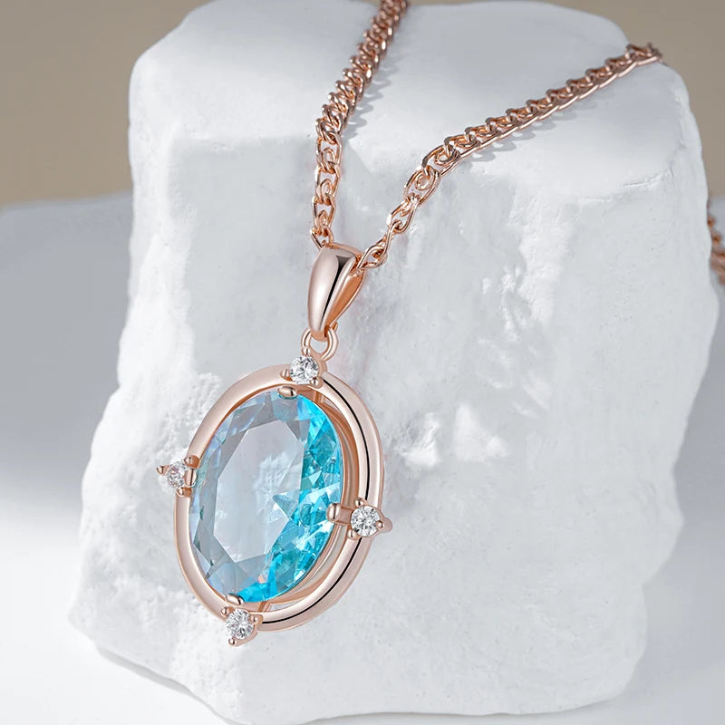 Blue Zircon Bridal Pendant Necklace - Rose Gold Romantic Fine Jewellery