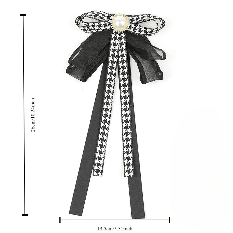 Houndstooth Ribbon Bow Brooch with Pearl