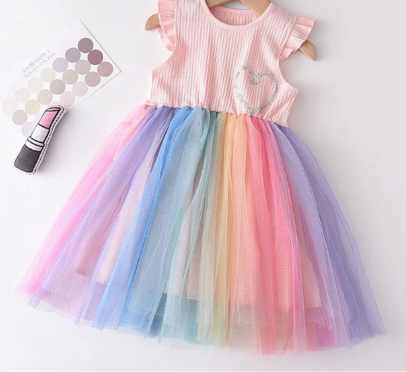 Girls Rainbow Mesh Party Dress – Colourful Sleeveless Summer Dress