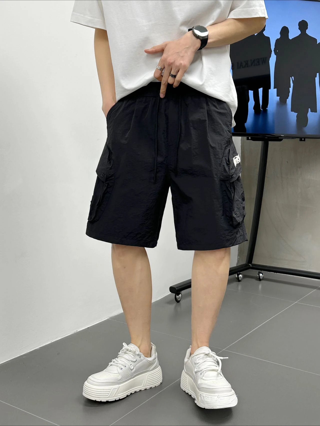 Men's Casual Cargo Shorts Knee Length Summer Drawstring Shorts