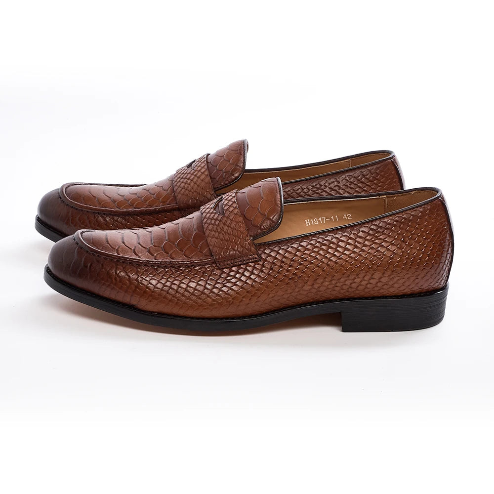 Men's Genuine Leather Snake Pattern Loafers – Pointed Slip-On Dress Shoes