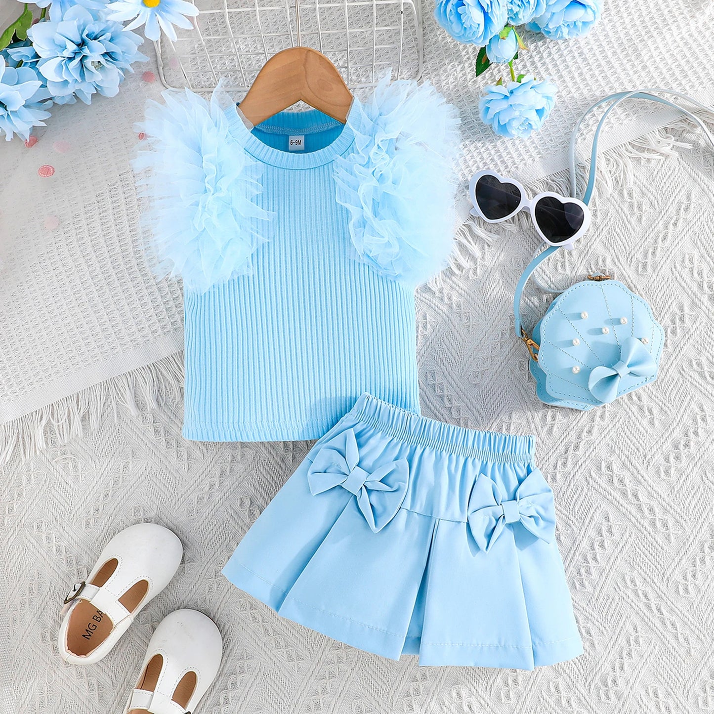 Baby Girls Summer Clothes Set - Tulle Ruffled Tank Top & Bow Pleated Skirt