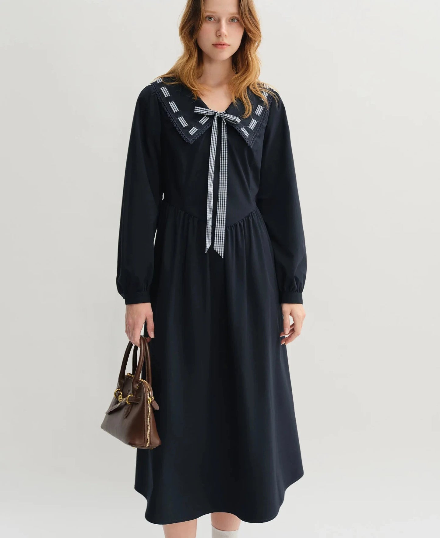 Plus Size College Style Navy Collar Ribbon Dress