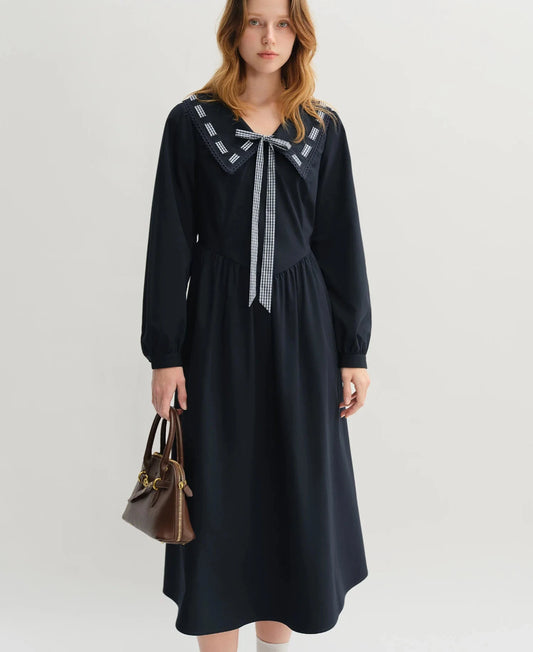Plus Size College Style Navy Collar Ribbon Dress