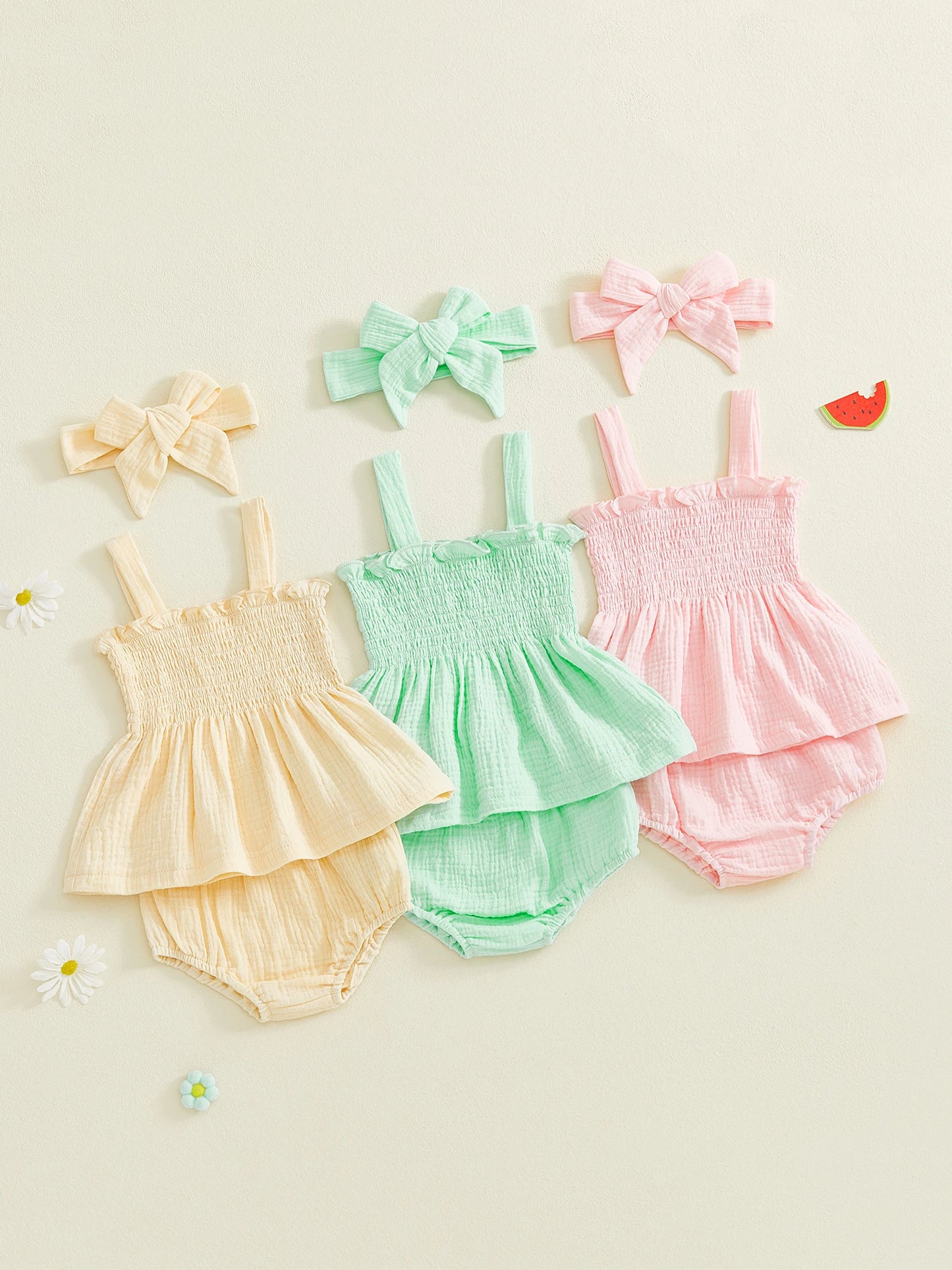 Baby Girls Summer Outfit Set - Ruffled Smocked Top, Shorts & Headband (0-24M)