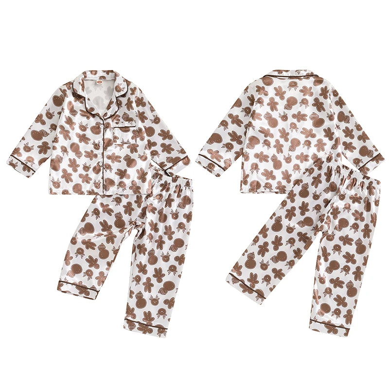 2Pcs Kids Boys Christmas Pyjamas Clothes Sets 2-7Y Long Sleeve Gingerbread Man Print Shirt and Pants