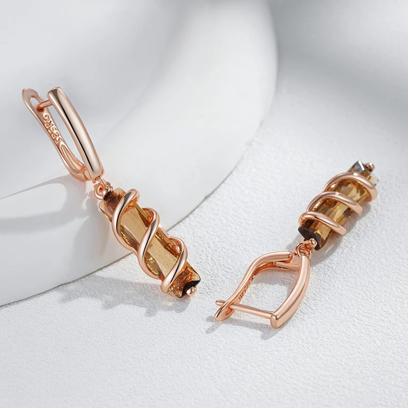 Women Light Brown Natural Zircon Drop Earrings 585 Rose Gold Colour