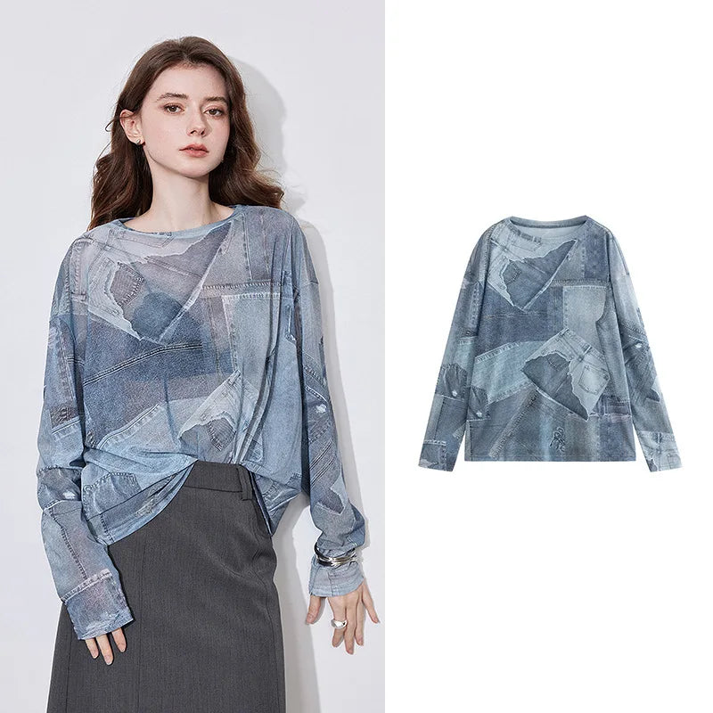 Women's Long Sleeve Denim Printed Round Neck See-through Undercover Skin T Shirt