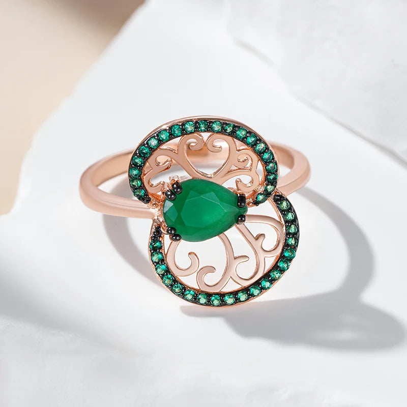 Women 585 Rose Gold and Black Plating Vintage Green Natural Zircon Crystal Flower Rings