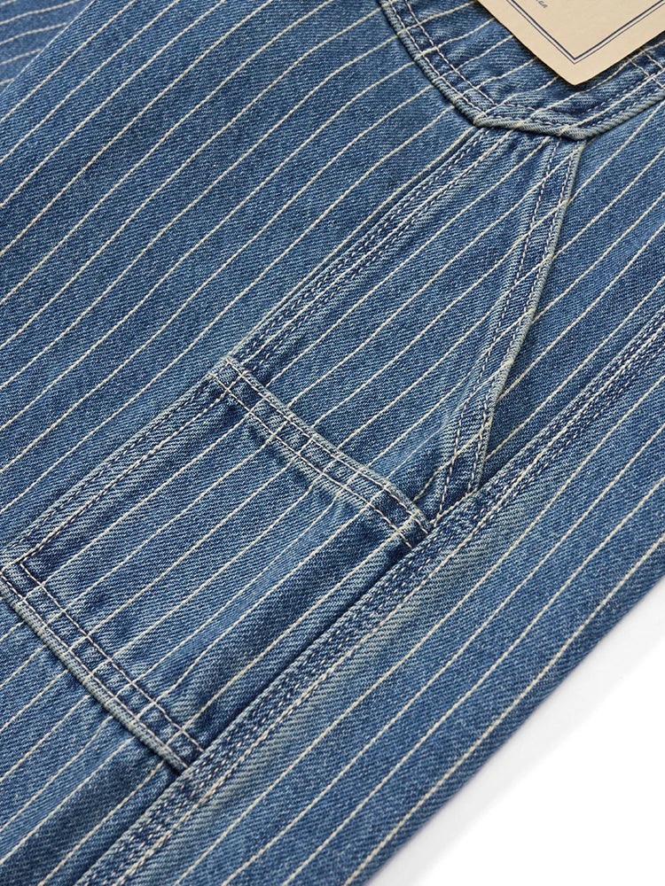 Men's Loose Straight 12.5oz Hemp Fabric Vertical Striped Denim Jeans