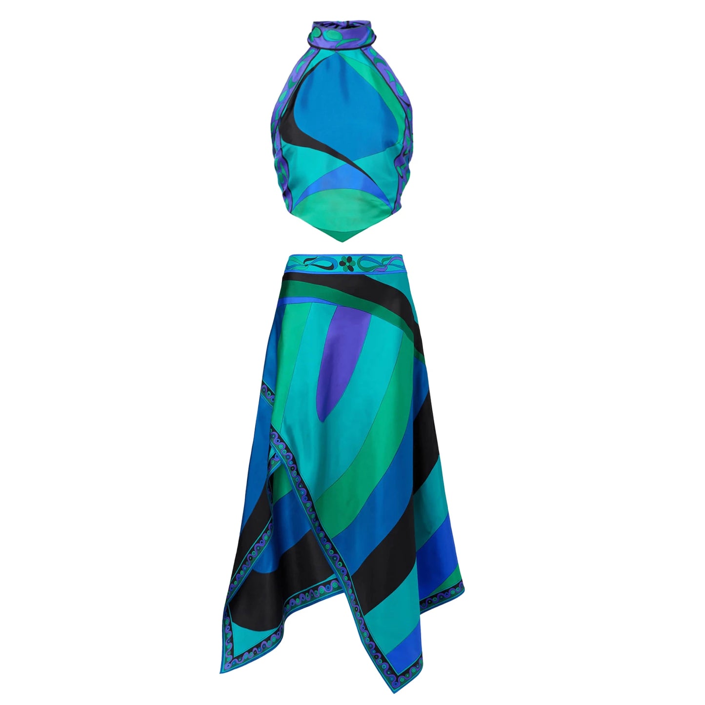 Women's Print Two Piece Skirt  Halter Beach Dress  Bra High Waist A-line Long Skirt Suit Summer  Set