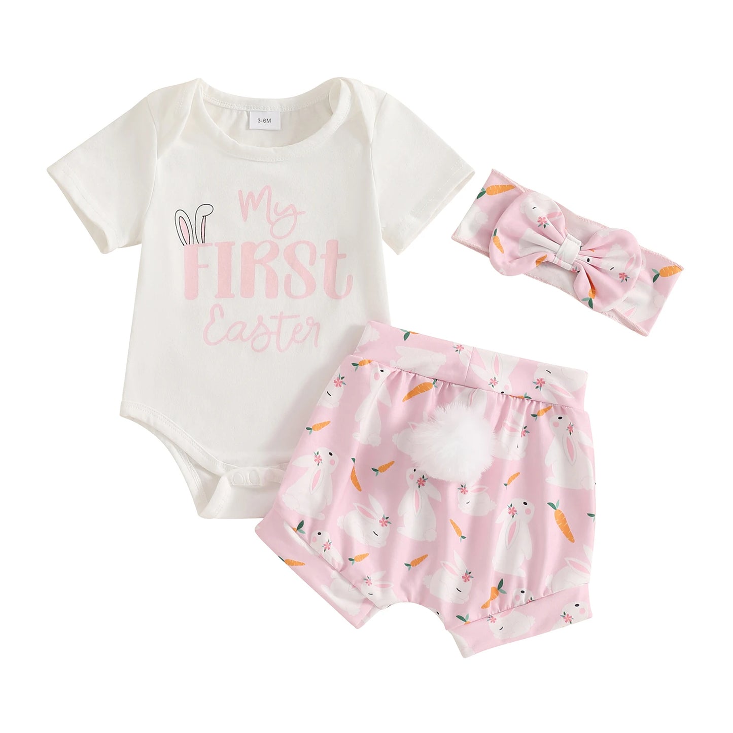 Baby Girls' Easter Outfit Set - Letter Print Romper, Carrot Bunny Shorts & Headband 3pcs