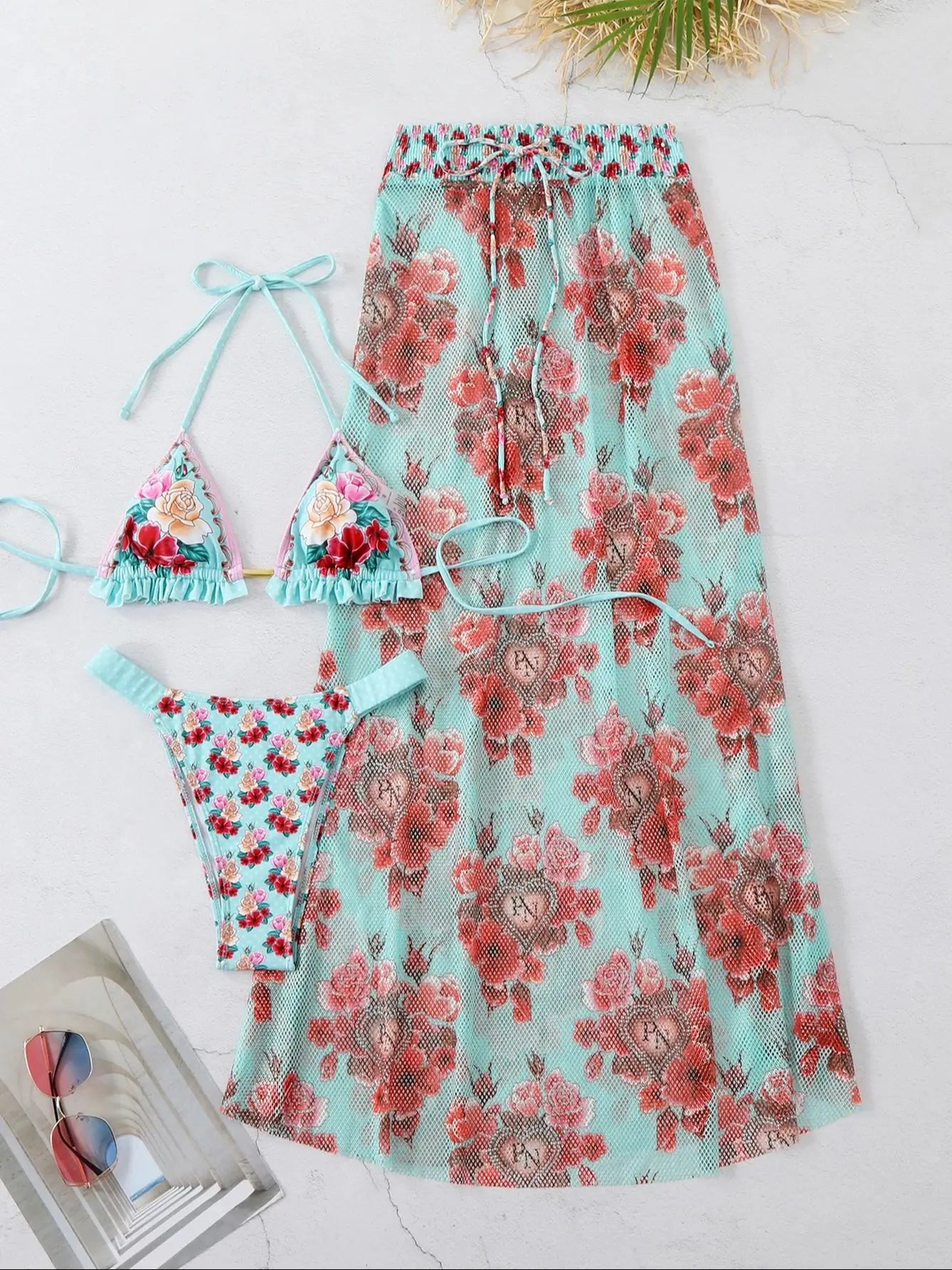 Women's 3-Piece Solid Bikini Set - Padded Bra, Tassel High Waist & Beach Skirt