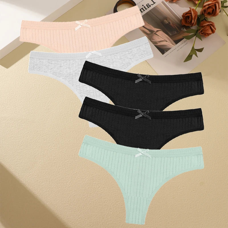 Women's Cotton Bow Tie Underwear 5-Pack - Ribbed Striped Low Waist Thongs