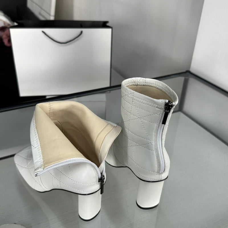 Retro Checkered Ankle Boots - Round Heel with Back Zipper