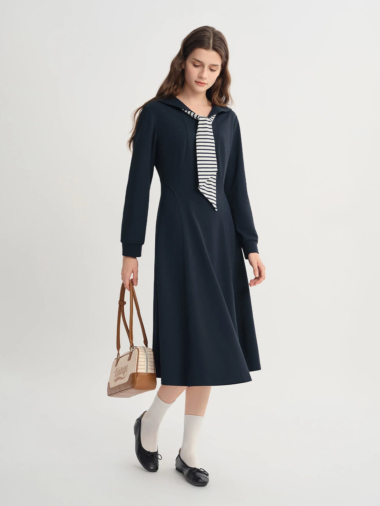 College Style Contrasting Color Wraparound V-Neck Long Dress