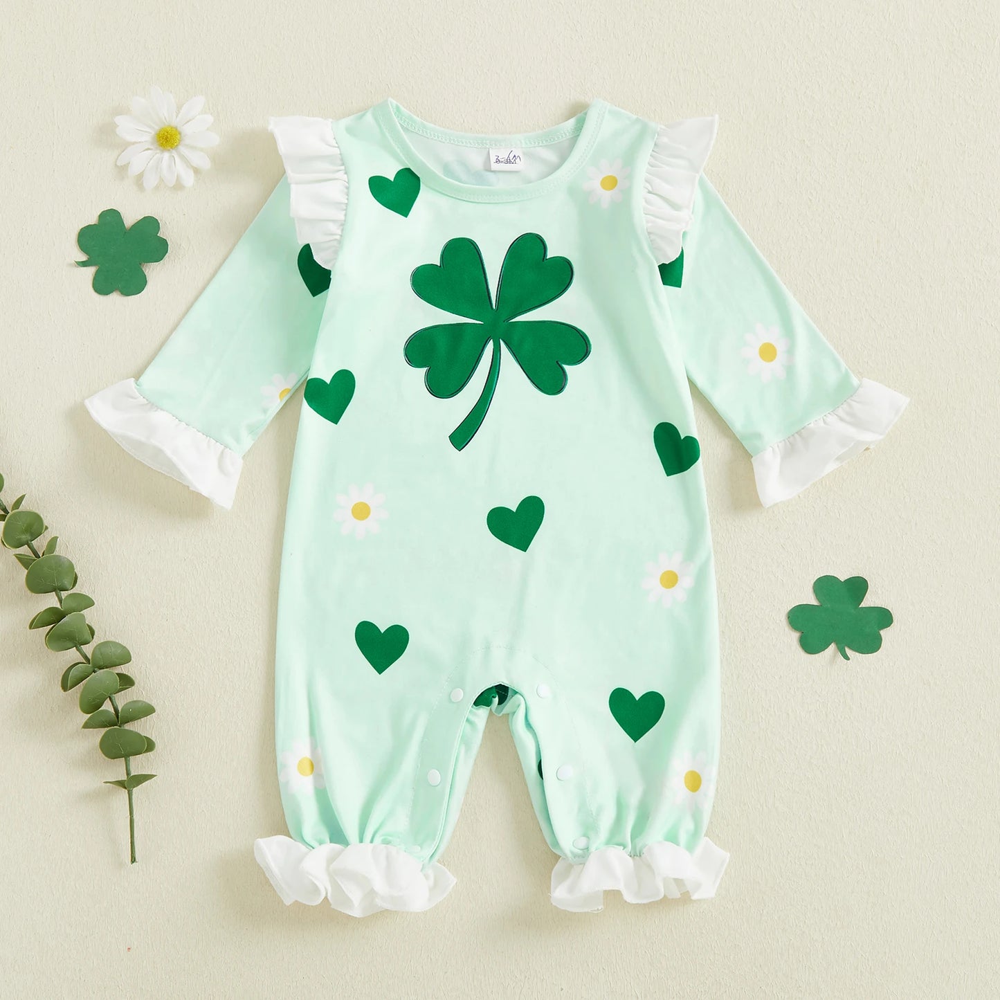 Baby Girls Boys Shamrock Print Romper - Long Sleeve Full Length Jumpsuit 0-18M