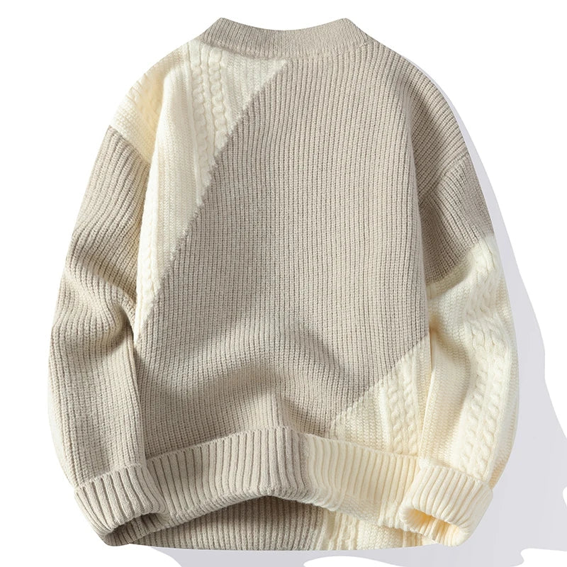 Men's Warm Patchwork Round Neck Knitted Pullover Sweater