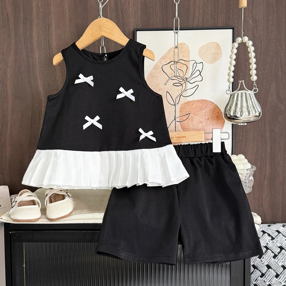 Girl's 3D Bow Round Neck Sleeveless Top and Short 2-Pcs Set