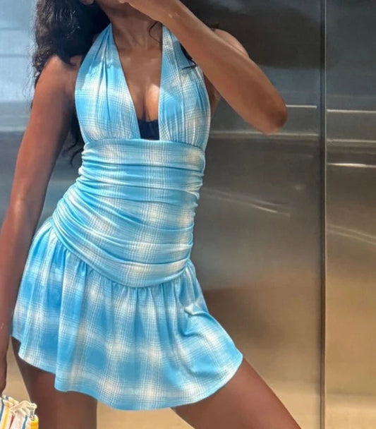 Women's Plaid Gradient Halter Plunge Mini Dress Outfit Summer Backless A-Line Ruched Dress