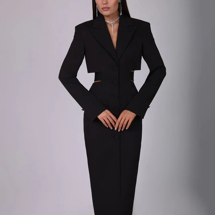 Women's Hollow Waist Suit Single Breasted Midi Lapel Long Sleeve Elegant Dress