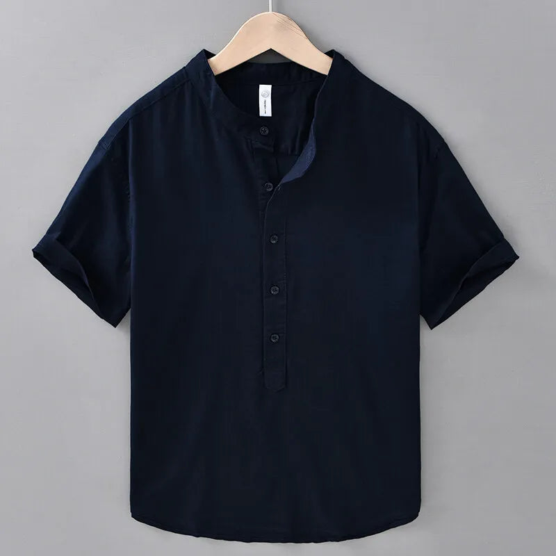 Men's Summer Cotton Linen Casual Lightweight Breathable Short Sleeve Loose Stand Collar Shirt