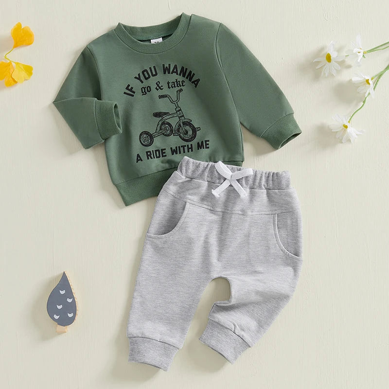 0-3Y Toddler Baby Boys Letter Print Long Sleeve Crew Neck Sweatshirts with Solid Pants Set