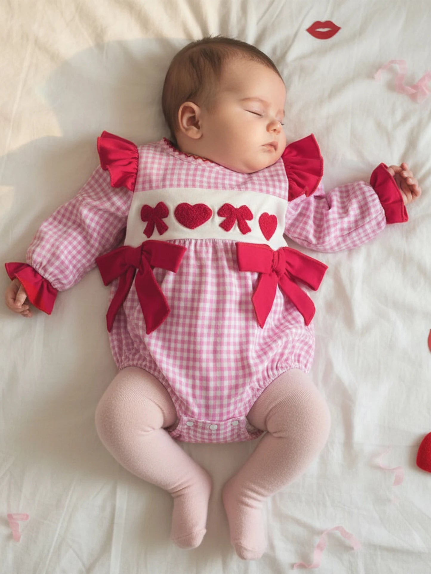 Baby Girls Boys Valentine's Day Plaid Print Bow Heart Embroidered Long Sleeve Romper