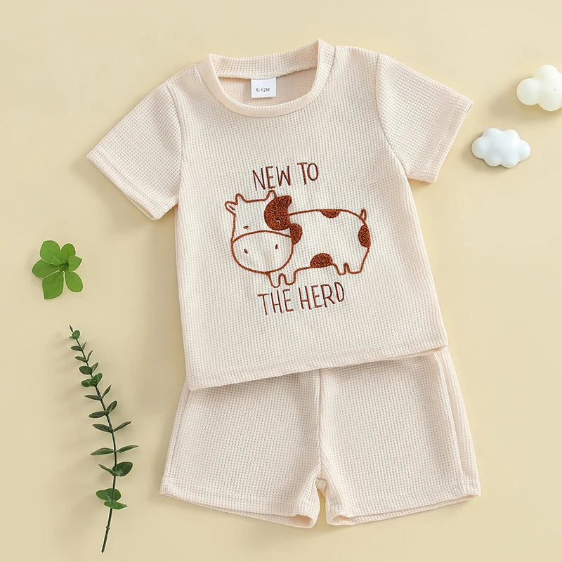 0-4Y Toddler Baby Boys Casual Clothes Sets Letter Cow Embroidery Short Sleeve T Shirts Tops with Elastic Waist Shorts