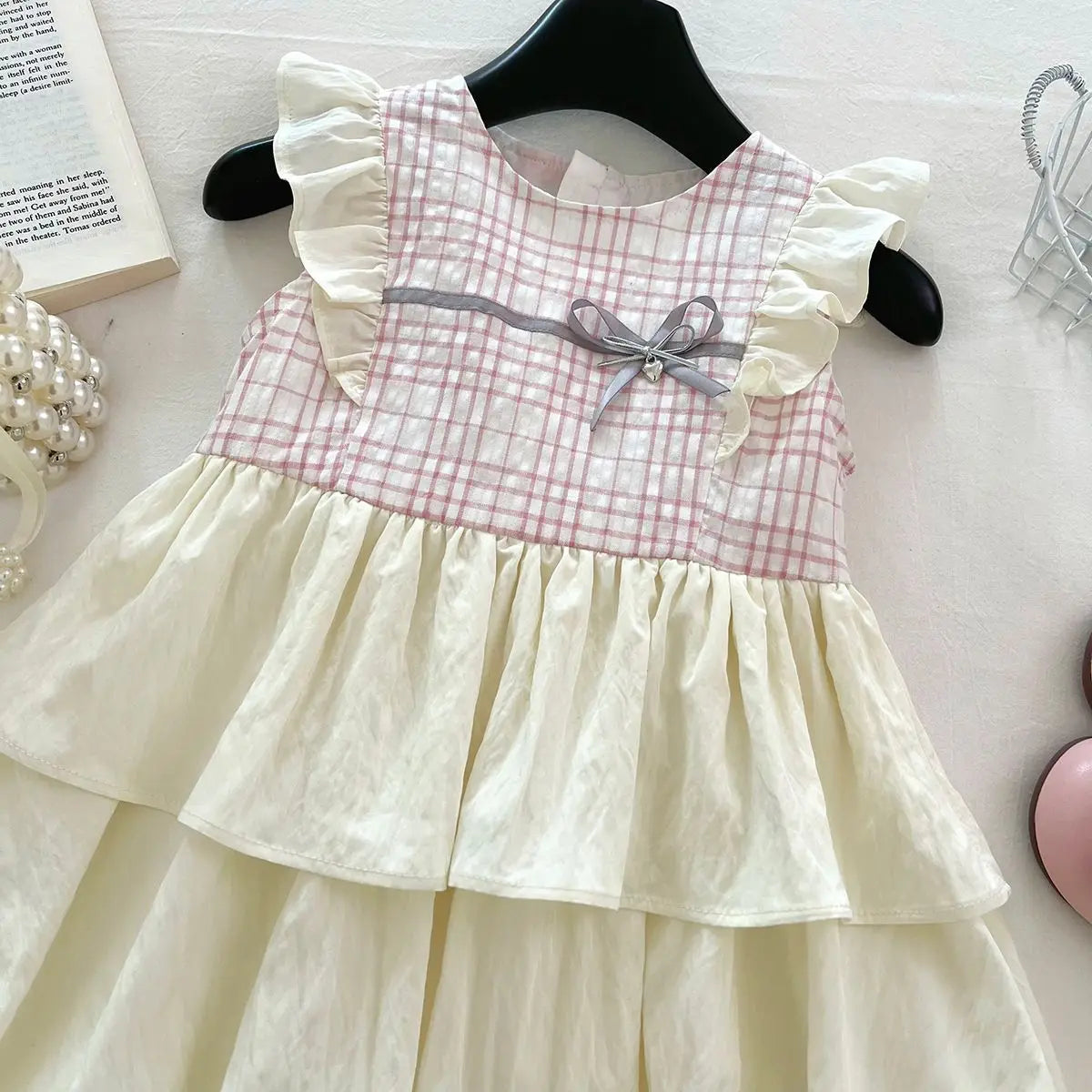 Girl's Summer Round Neck Flying Sleeve Bow Grid Splicing Dress 3-6 years