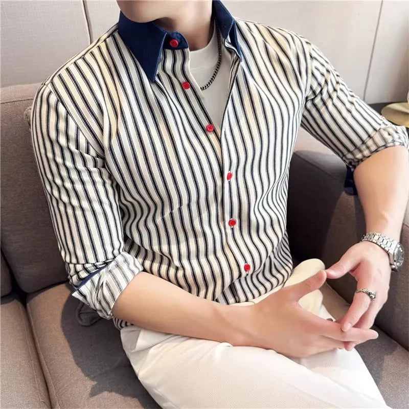 Men's Long Sleeve Striped Cotton Shirt - Smart Casual Square Collar