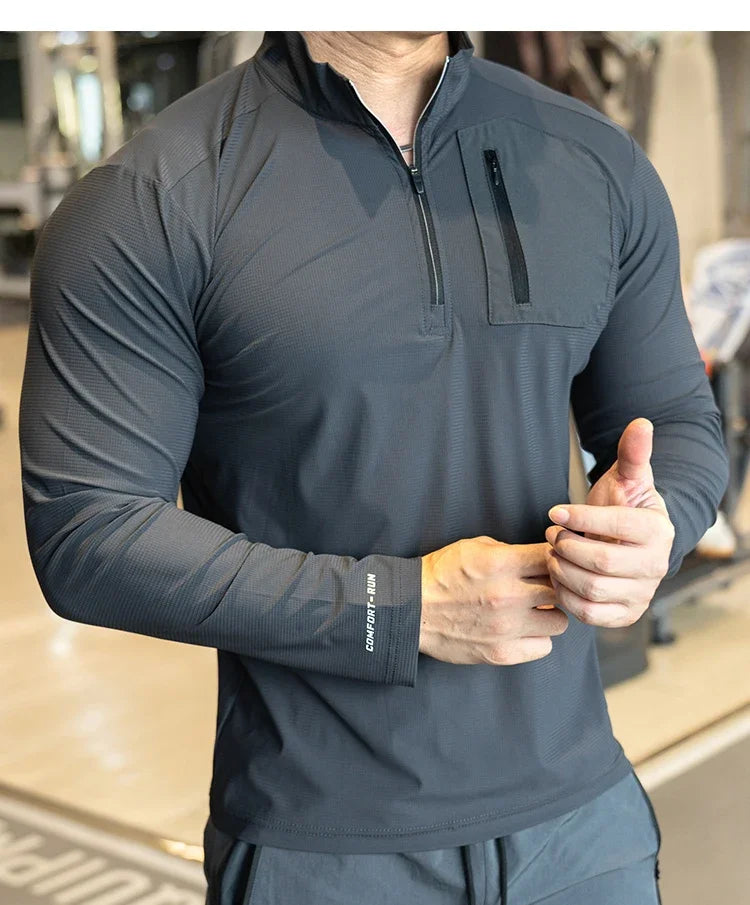 Men's Muscle Workout Sportswear Long Sleeve Running Clothing with Half Zip with Pockets Sports Gym Fitness Compression Shirt