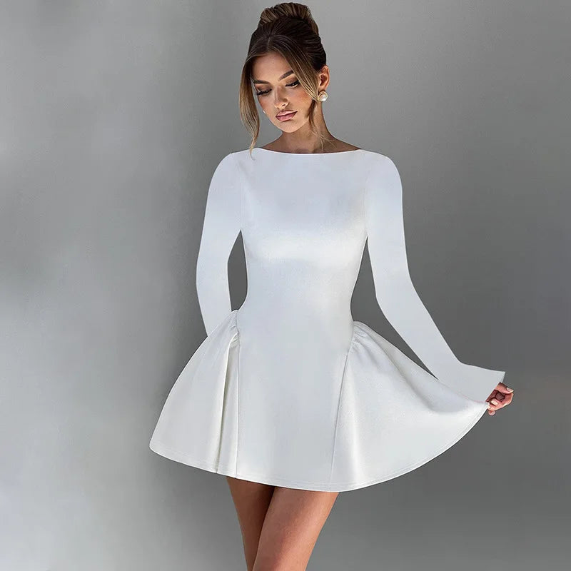 Women's Elegant Bodycon Mini  A-line Hem Splice Round Neck Long Sleeve Dress