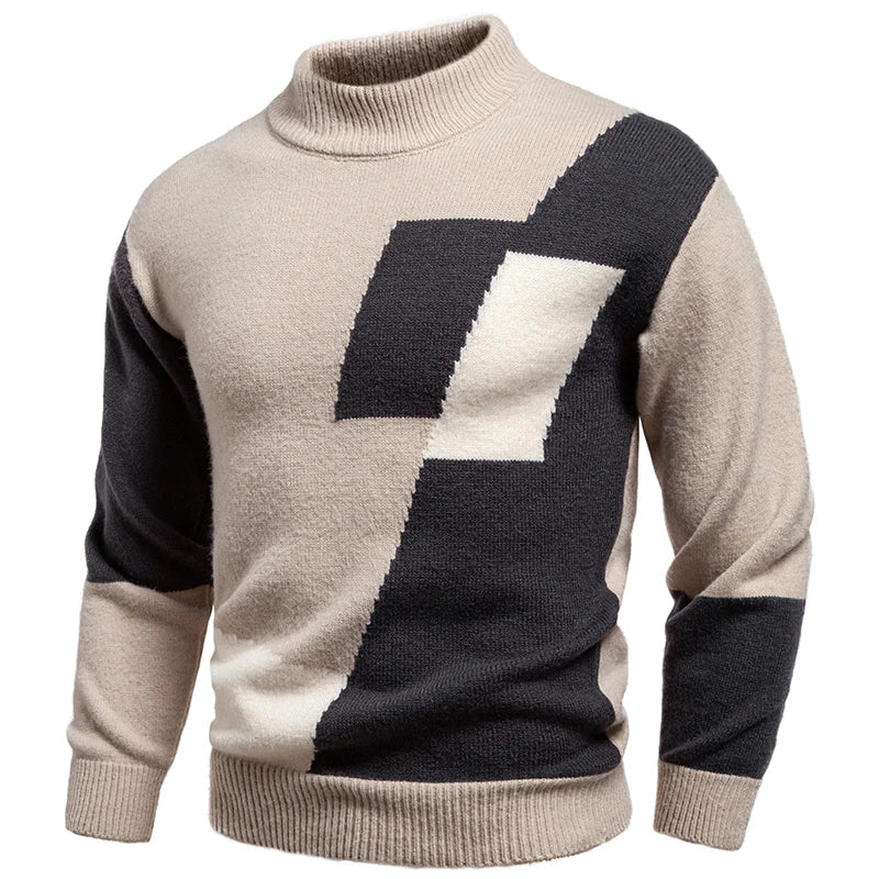 Mock Neck Patchwork Warm Knit Pullover