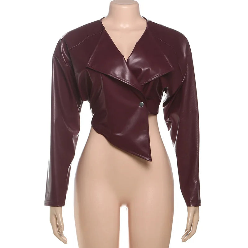 Women's PU Leather Cropped Jacket - Asymmetrical Single Button Coat