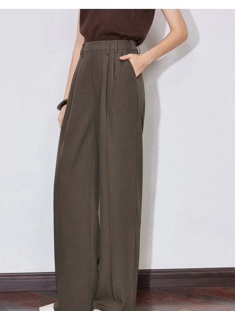Women's High Waist Straight Leg Suit Trousers with Pockets | Brown