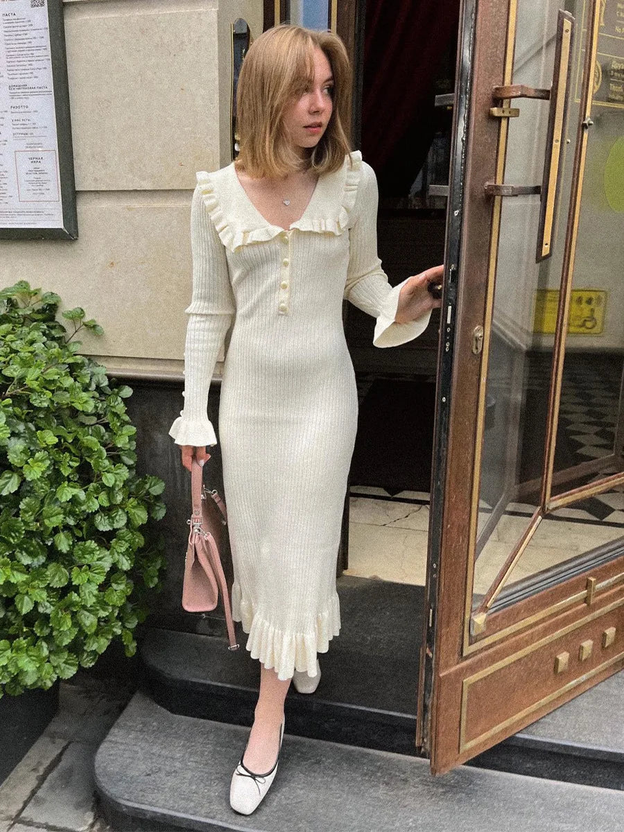 Women's Elegant Knitted Ruffle Trim Sweater Midi Dress