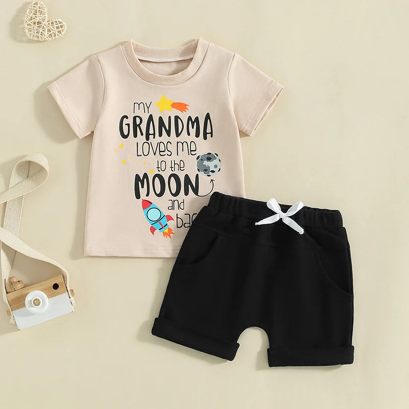 0-3Y Toddler Baby Boys Summer Clothes Sets Letter Rocket Print Short Sleeve T-Shirts Tops Elastic Waist Shorts