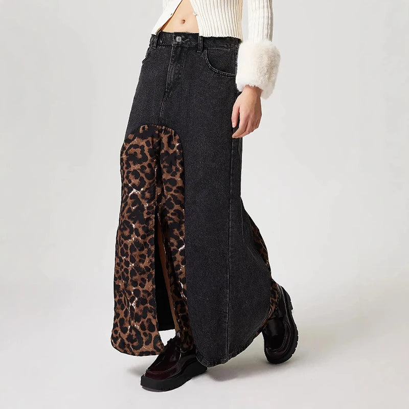 Women's Leopard Splice Denim Versatile Midi High Waist Slit Print Skirt