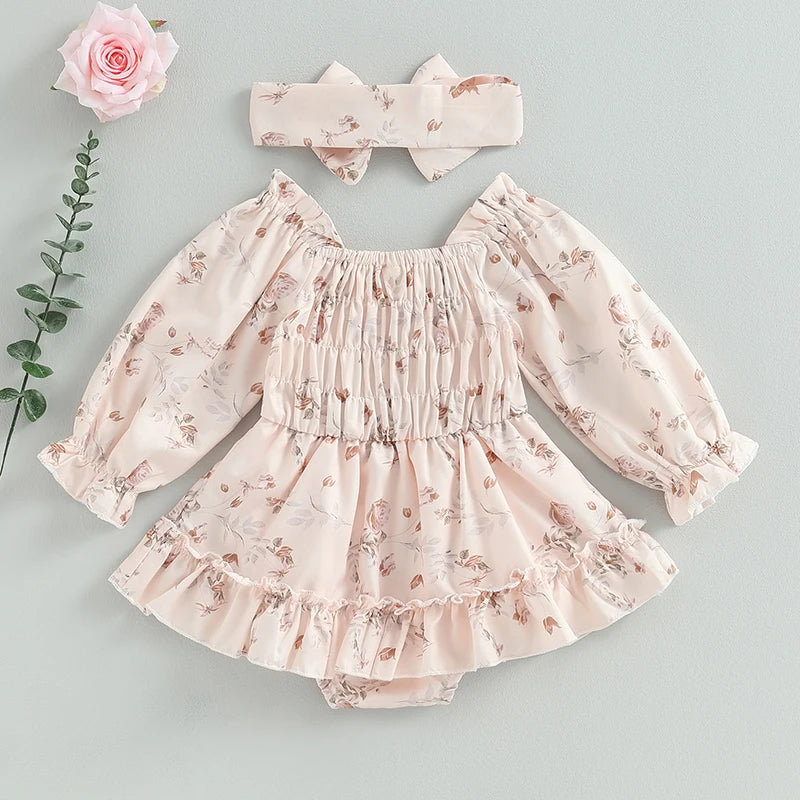 Princess Baby Girl Romper Dress - Ruffles Long Sleeve Floral Print with Headband