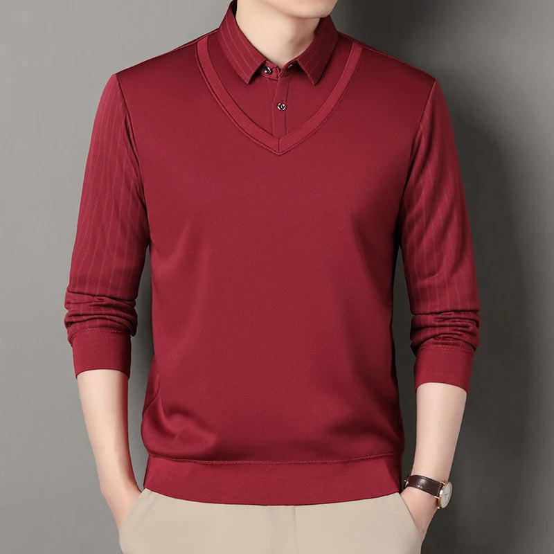 Fake Two Piece Knitted Sweater - Shirt Collar Smart Casual Fleece