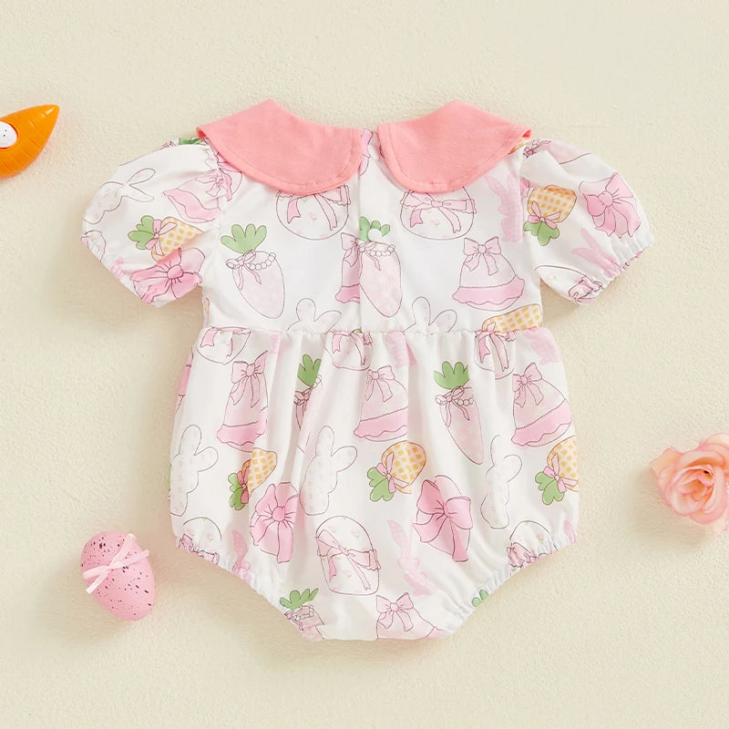 Baby Girls Easter Rabbit Romper - Doll Collar Short Sleeve Bodysuit (0-18M)