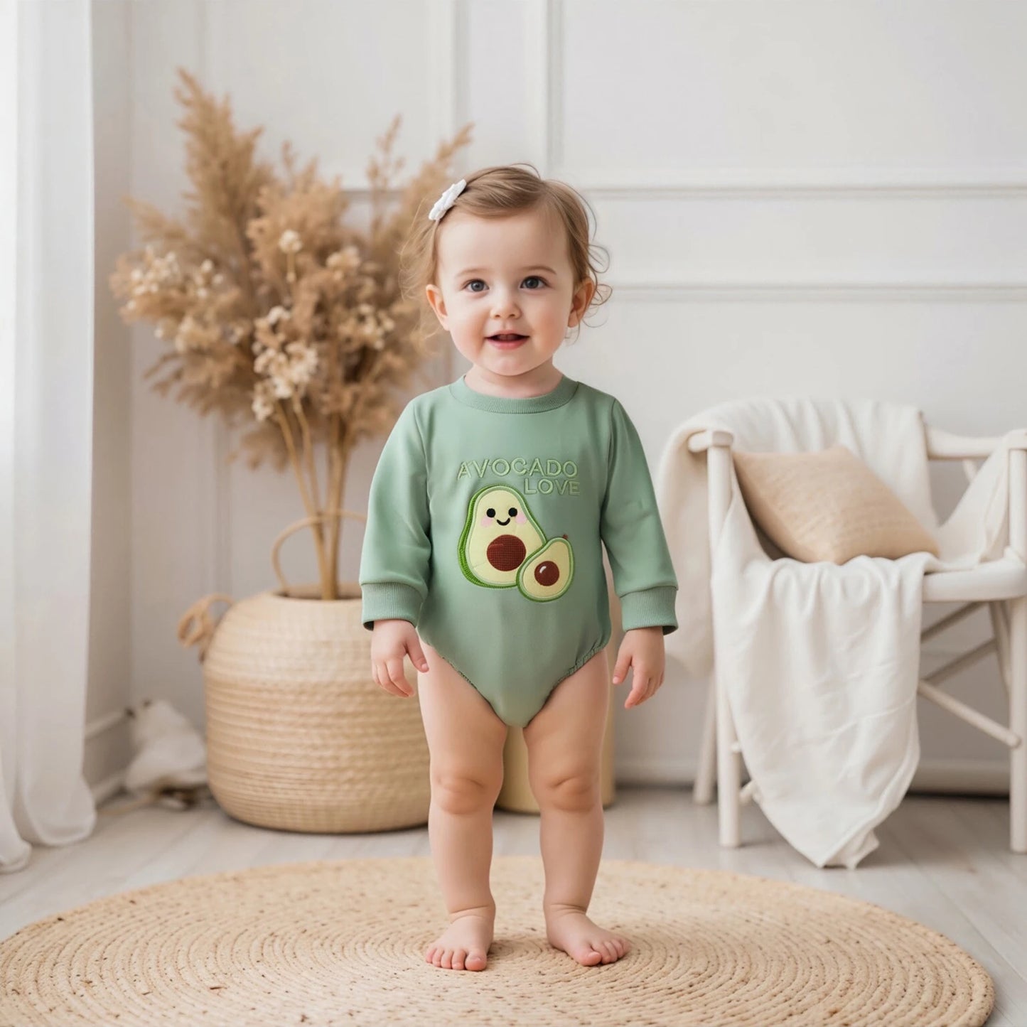 Baby Fall Winter Romper - Long Sleeve Crew Neck Embroidery Fruit Letters Bodysuit