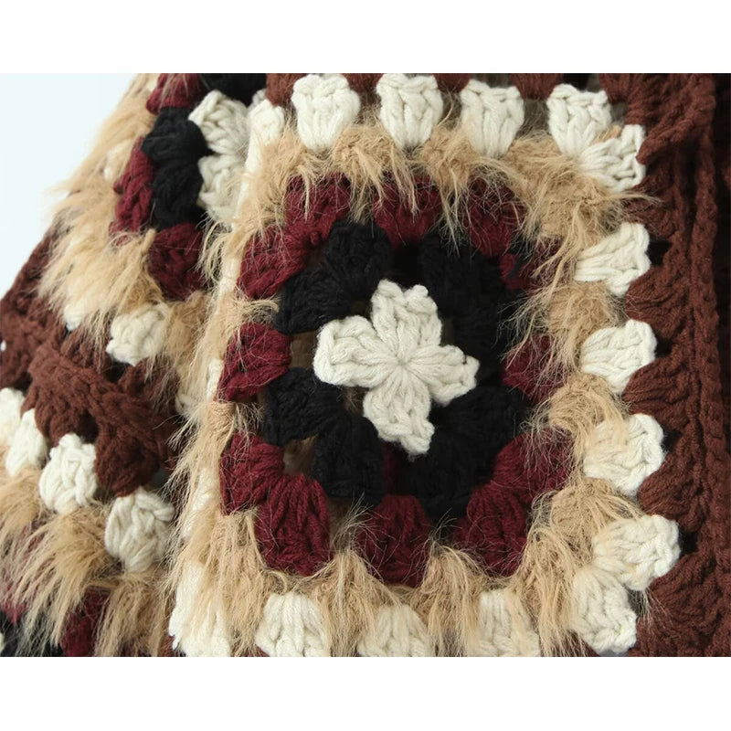 Boho Plaid Handmade Crochet Cardigan - Long Sleeve Lace Up Autumn Sweater