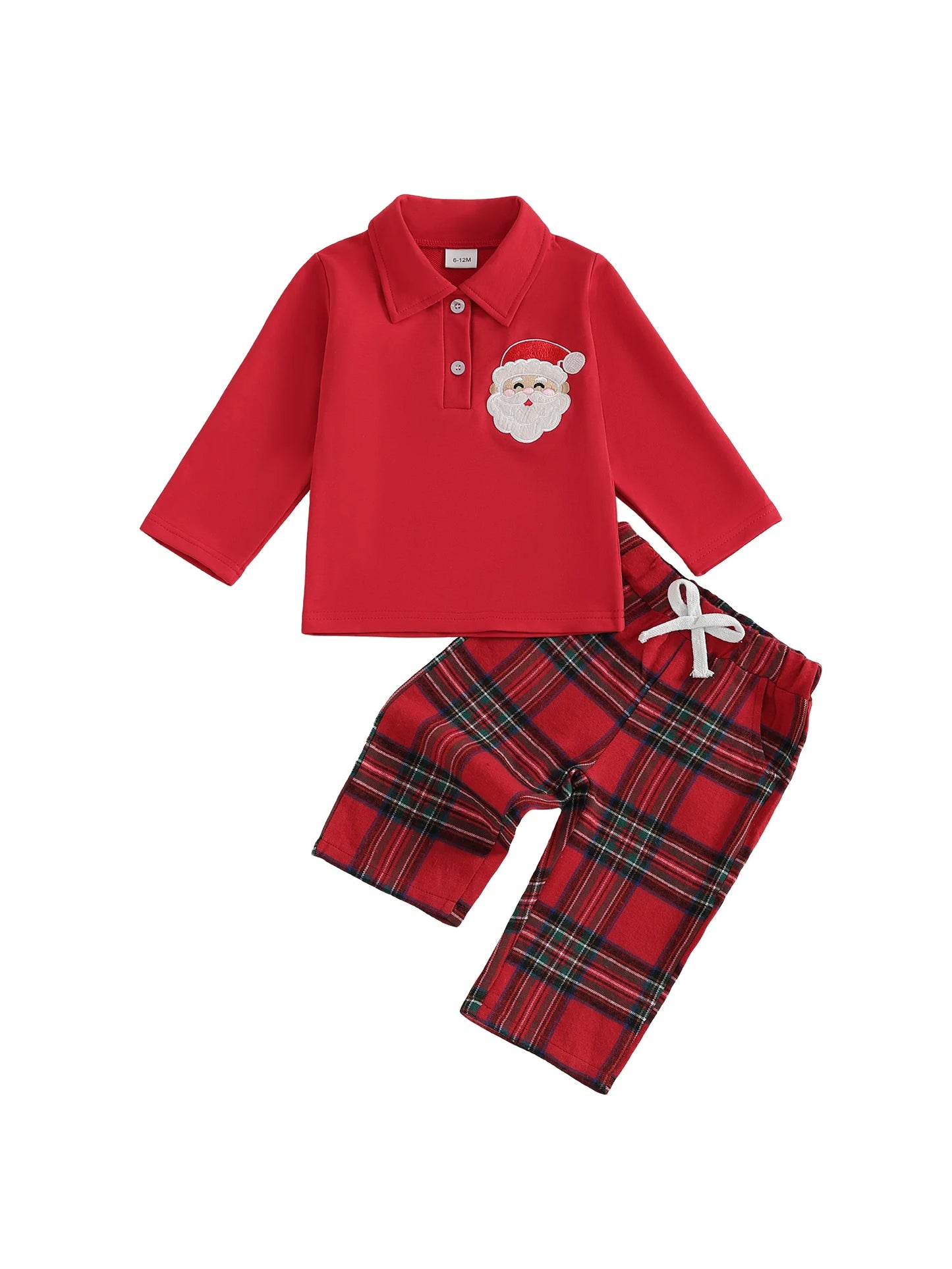 Toddler Kids Boy Christmas Clothes Set - Santa Embroidery Long Sleeve Lapel Pullover & Elastic Waist Plaid Pants