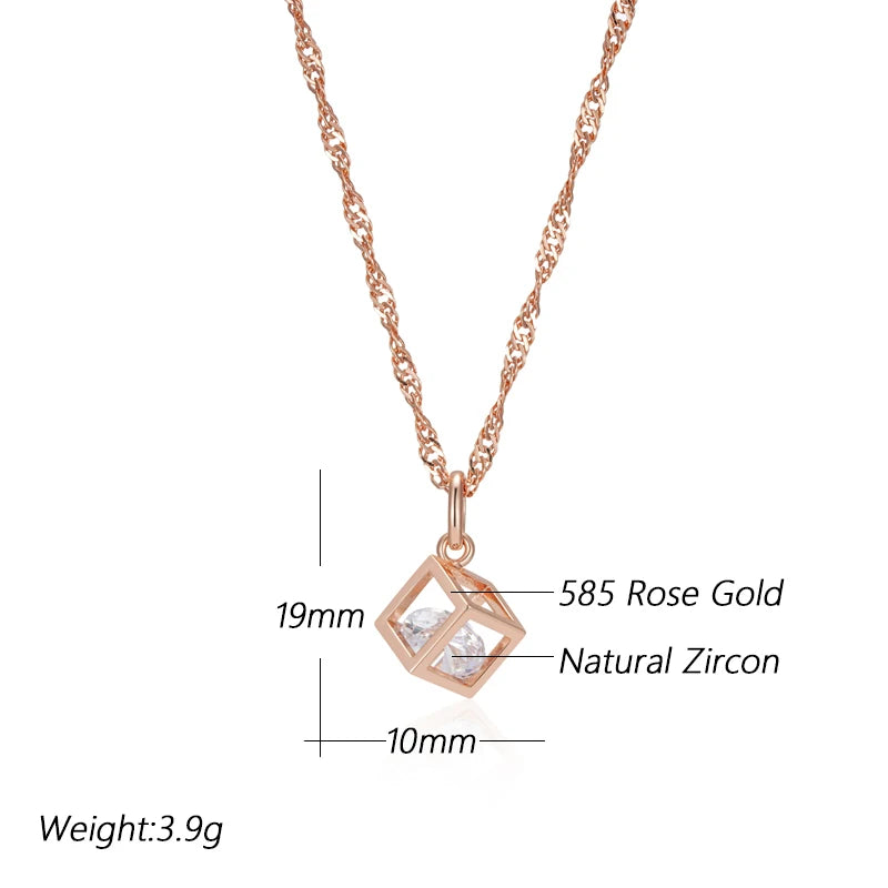 Women's 585 Rose Gold Colour Natural Zircon Hollow Square Pendant Necklace