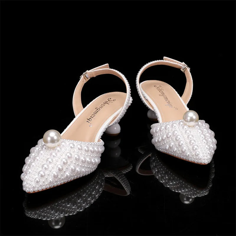 Women's 5cm Round Heel Shaped Heel Pearl Sandals