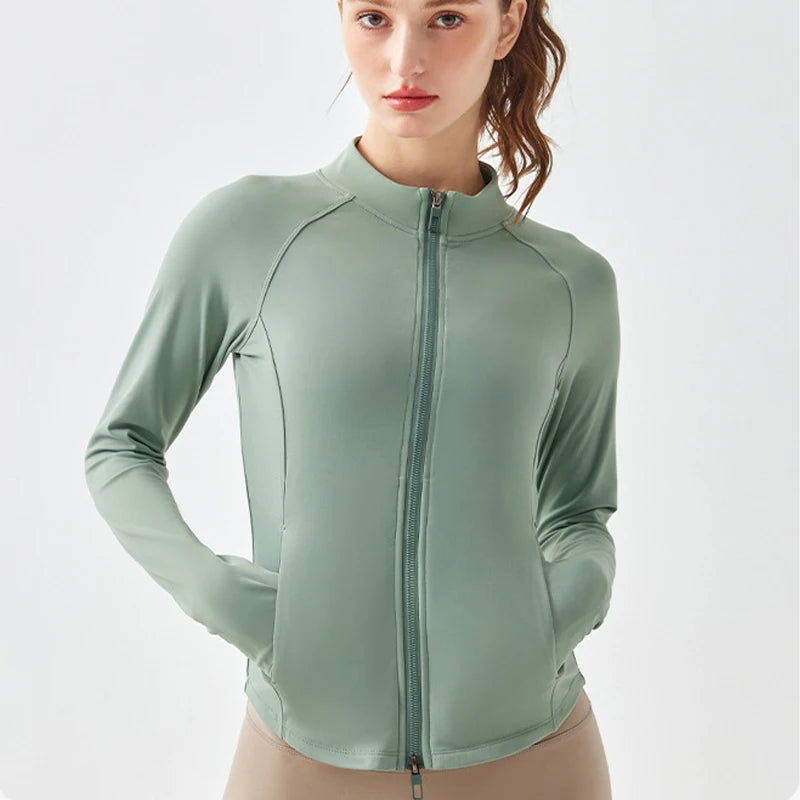 Women's Slim Fit Running Jacket Solid Color Long Sleeve Yoga Top Super Stretch Breathable Workout Coat Gym Sportswear